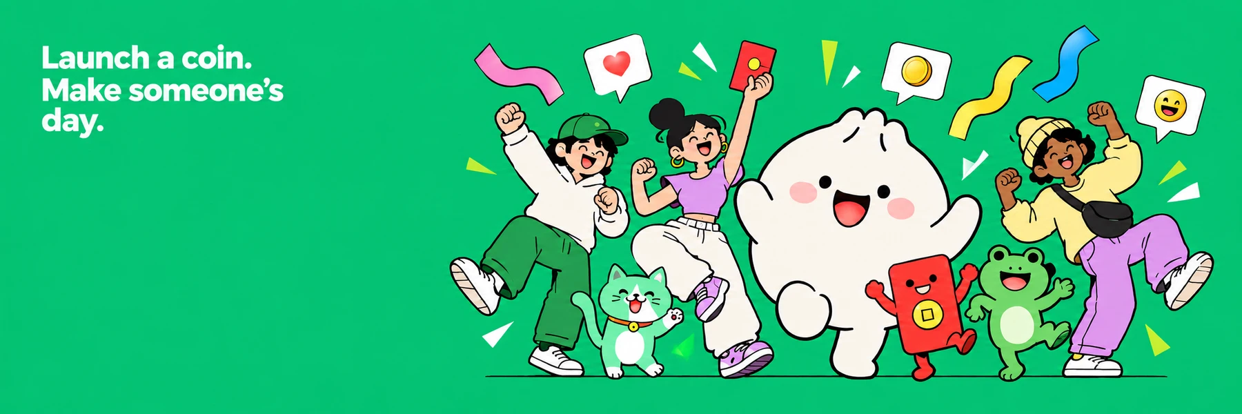 People, a smiling bao bun, a red envelope and friends celebrating together.